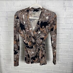 Cache Paisley Wrap Tie Front Blouse Womens XS Stretch Evening Glam Y2K Boho